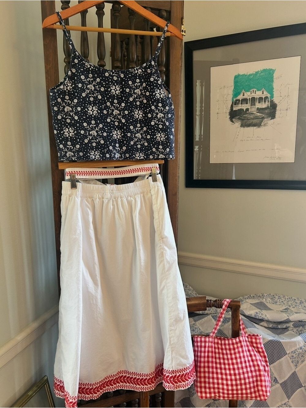 J Crew White Cotton Maxi Skirt Size L Scarlet Red Embroidery Sash Belt Lined - Picture 4 of 16